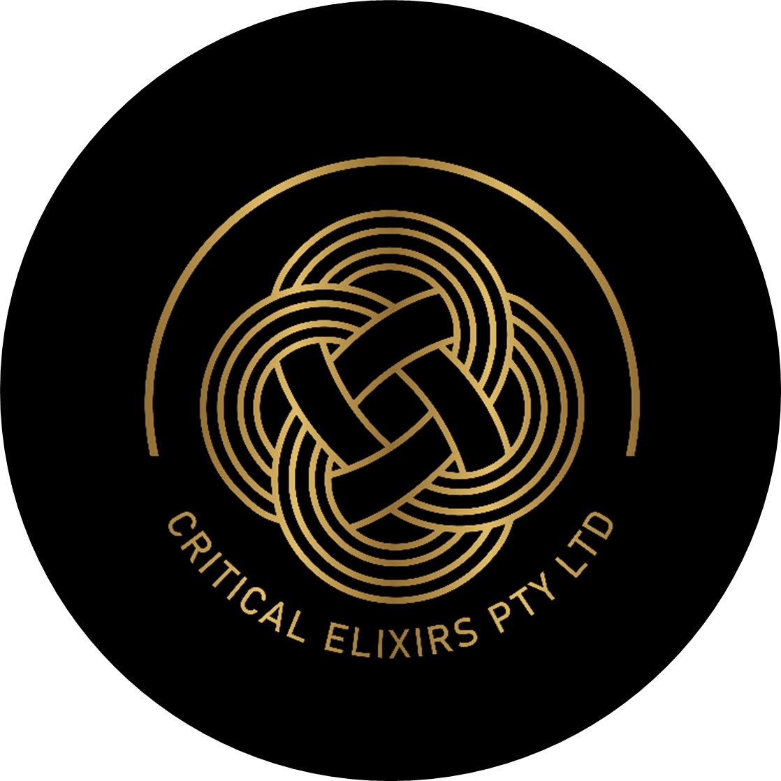 Critical Elixirs logo, a woven gold knot inside a circle