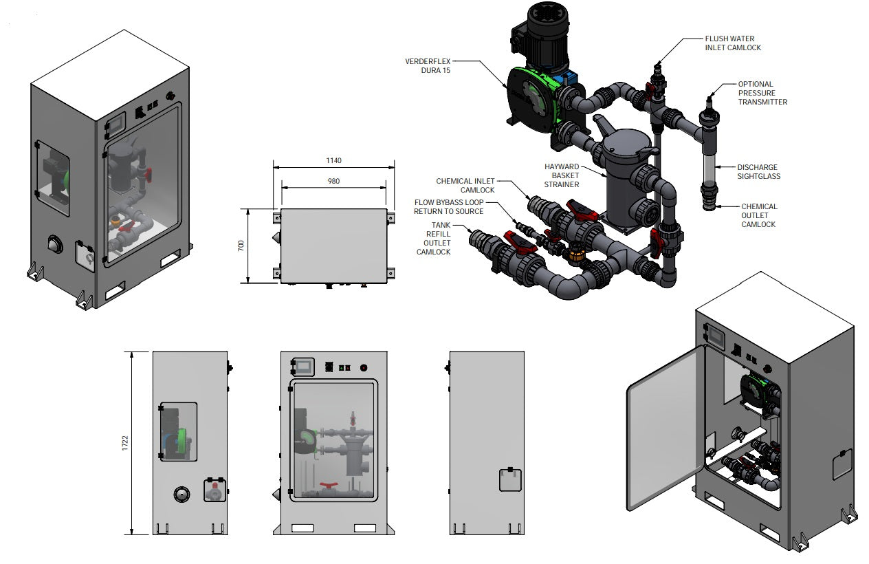 Engineering drawing of a dosing station and pumping arrangement